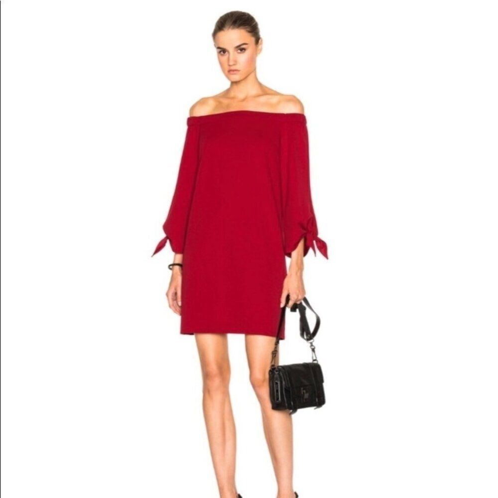 TIBI Red Crepe Off Shoulder Tie Sleeve Shift Mini Dress Size 4